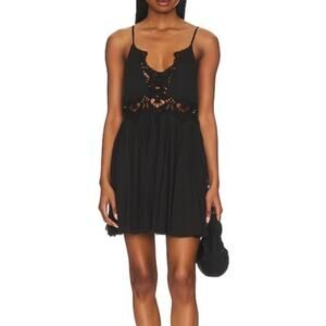 Free People Ilektra Slip Dress in Black XS Raw Hem Boho Crochet Lace Mini
